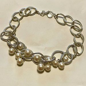 Liz Claiborne Silver Tone Link & Faux Pearl Necklace